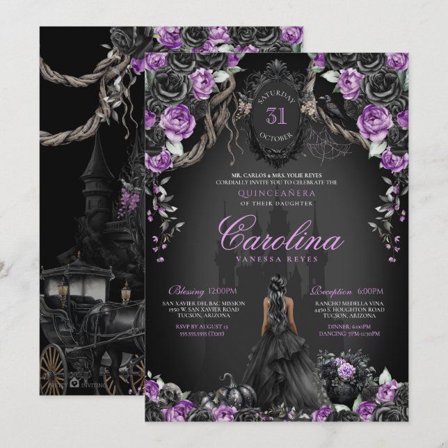 Halloween Black Rose Purple Princess Quinceanera Invitation (Front/Back)