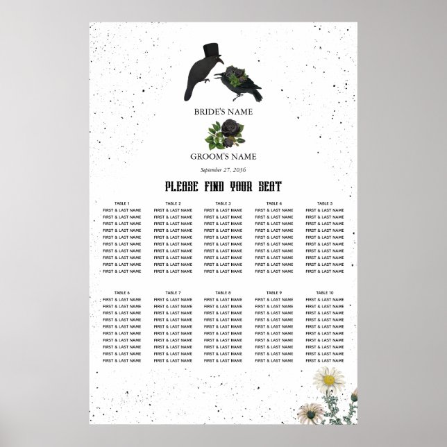 Halloween Black Roses Crows Wedding Seating Chart (Front)
