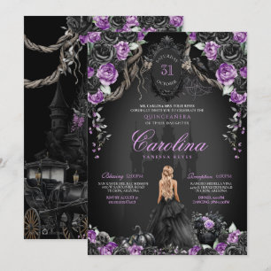 Halloween Black Roses Purple Princess Quinceañera Invitation
