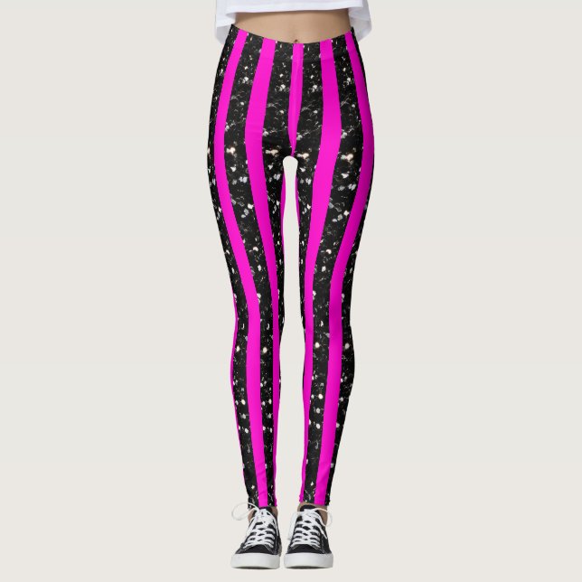 Halloween Black sparkles stripes lines on hot pink Leggings (Front)