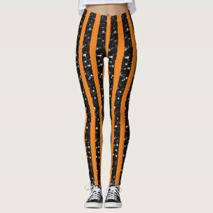 Halloween Black sparkles stripes lines on orange  Leggings