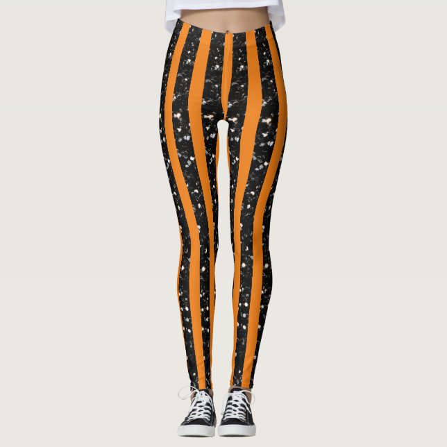 Halloween Black sparkles stripes lines on orange  Leggings (Front)