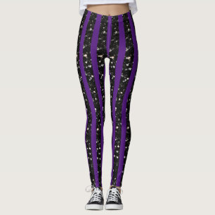 Halloween Black sparkles stripes lines on purple  Leggings