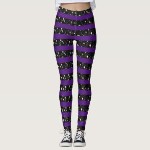 Halloween Black sparkles stripes lines on purple  Leggings