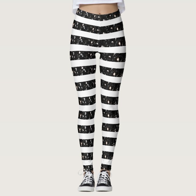 Halloween Black sparkles stripes lines on white Leggings (Front)