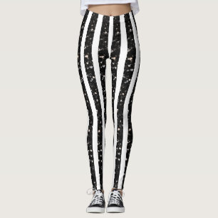 Halloween Black sparkles stripes lines on white Leggings