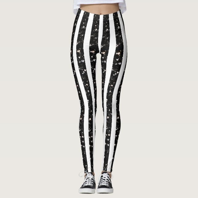 Halloween Black sparkles stripes lines on white Leggings (Front)