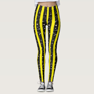Halloween Black sparkles stripes lines on yellow Leggings