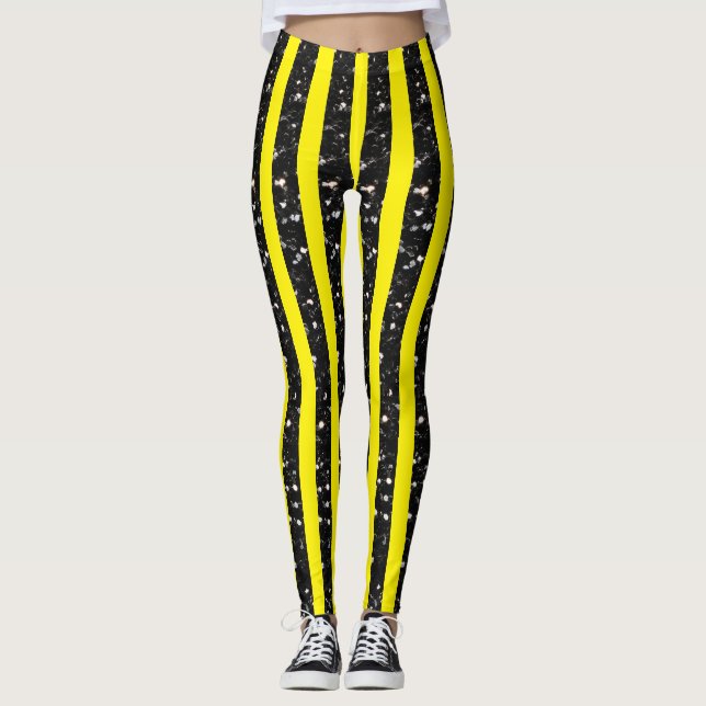 Halloween Black sparkles stripes lines on yellow Leggings (Front)