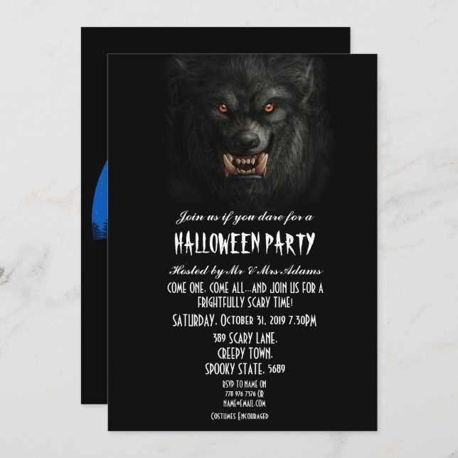 Halloween Black Spooky Werewolf Gothic Party Invitation (Front/Back)