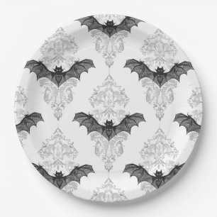 Halloween black white bats pattern paper plate
