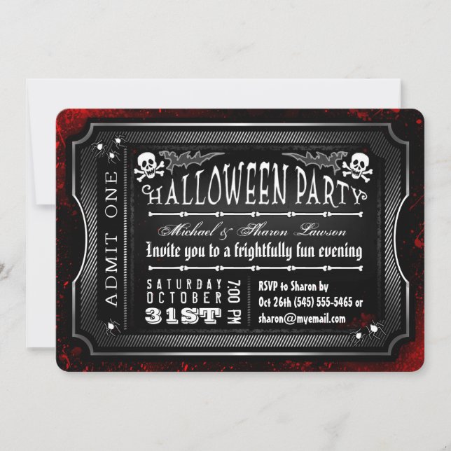 Halloween Black & White Bloody Admit One Ticket Invitation (Front)