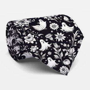 Halloween Black & White Ghosts Floral Tie