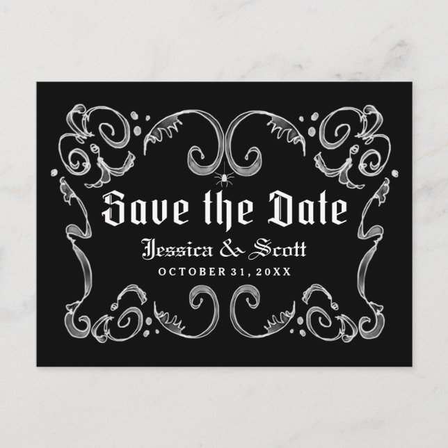 Halloween Black White Gothic Scroll Save the Date Announcement Postcard (Front)