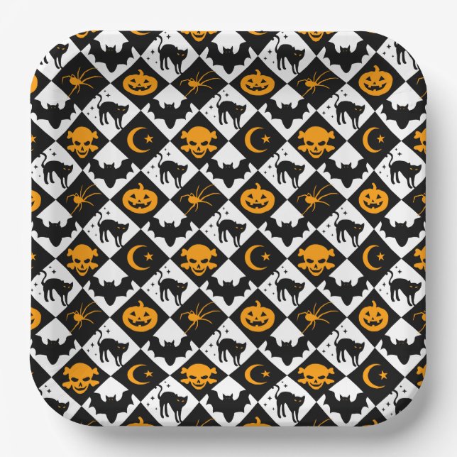Halloween Black White Orange Harlequin Pattern Paper Plate (Front)