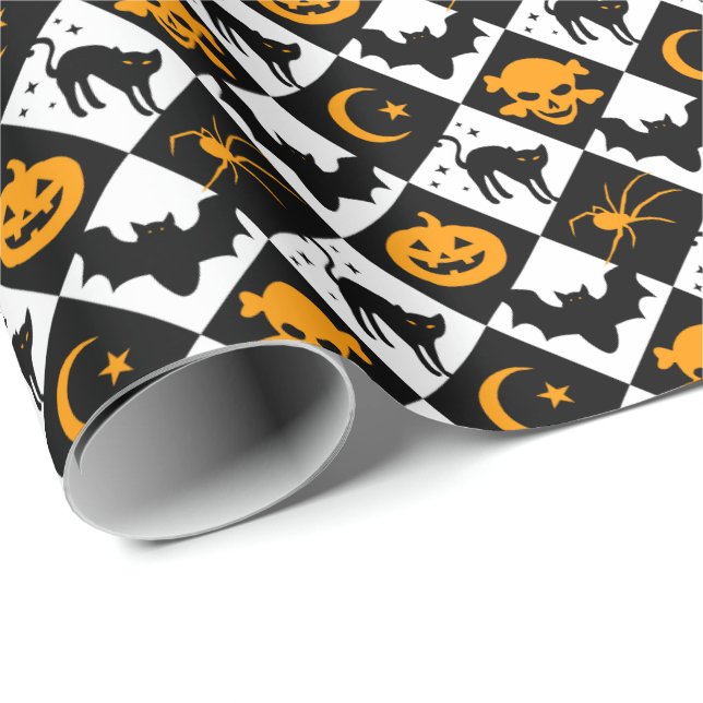 Halloween Black White Orange Harlequin Pattern Wrapping Paper (Roll Corner)