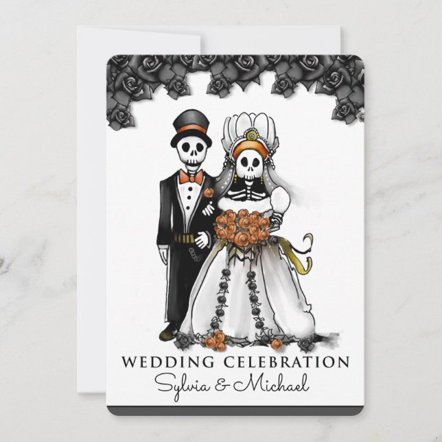 Halloween Black White Orange Skeleton Couple Invitation (Front)