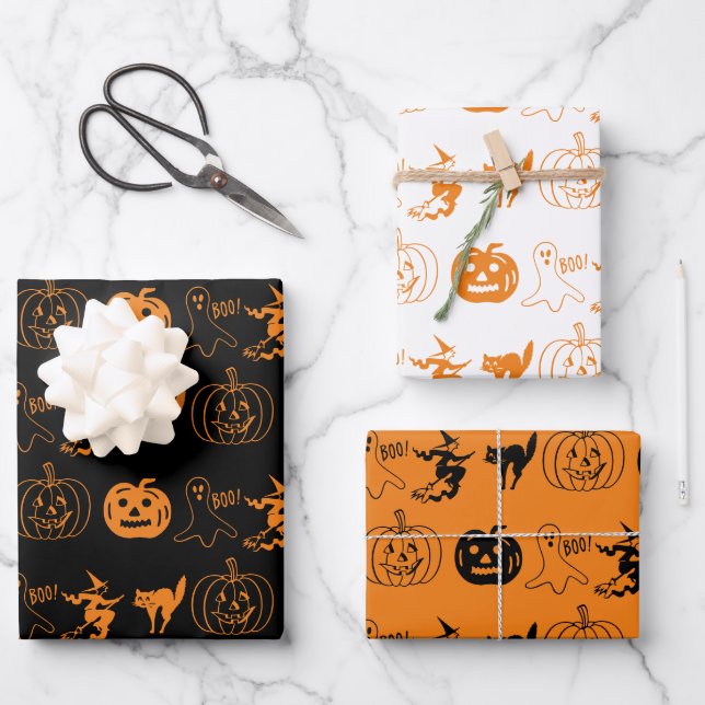 Halloween black white orange spooky pattern wrapping paper sheet (Front)