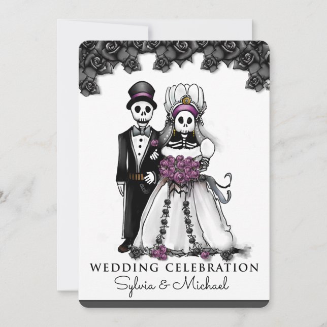 Halloween Black White Purple Skeleton Couple Invitation (Front)