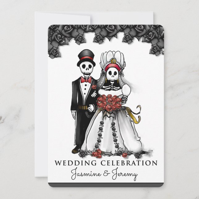 Halloween Black White Red Skeleton Couple Invitation (Front)