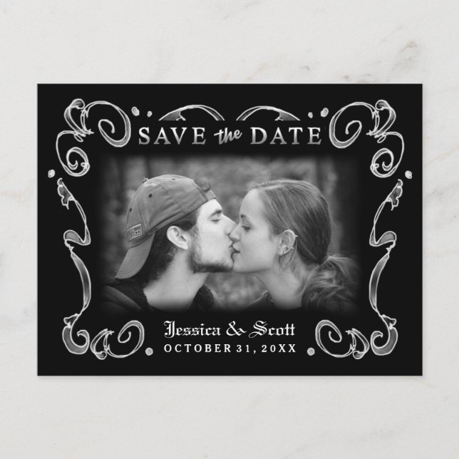 Halloween Black White Scroll Photo Save the Date Announcement Postcard (Front)