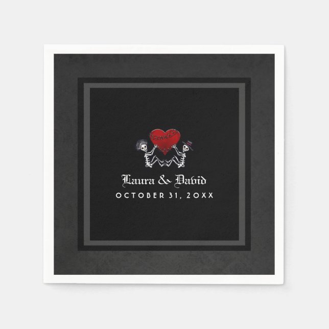 Halloween Black & White Skeletons & Heart Wedding Napkin (Front)