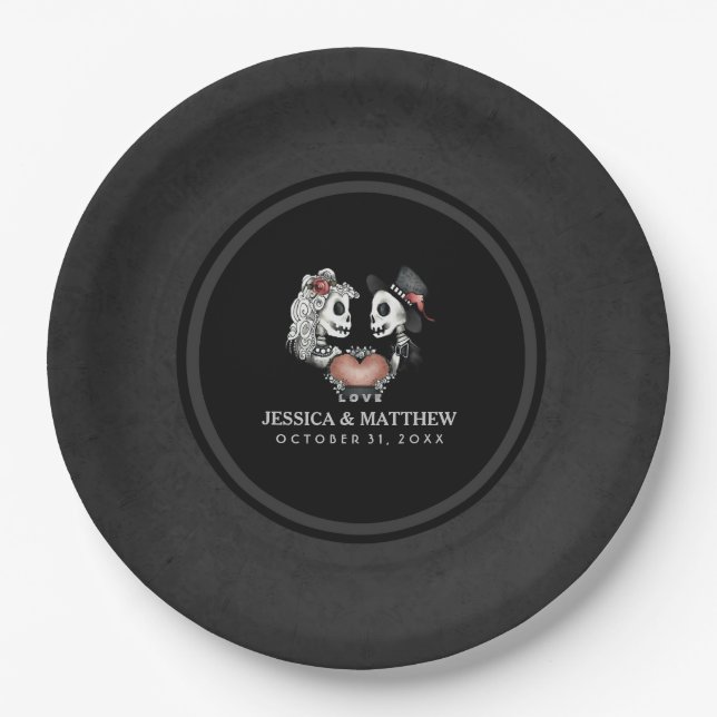 Halloween Black & White Skeletons Matching Wedding Paper Plate (Front)