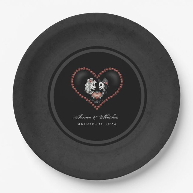 Halloween Black & White Skeletons Matching Wedding Paper Plate (Front)