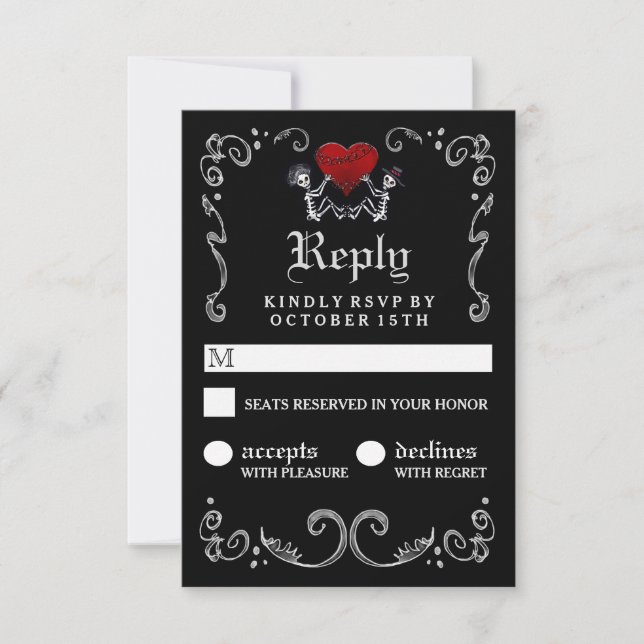 Halloween Black White Skeletons with Heart RSVP (Front)