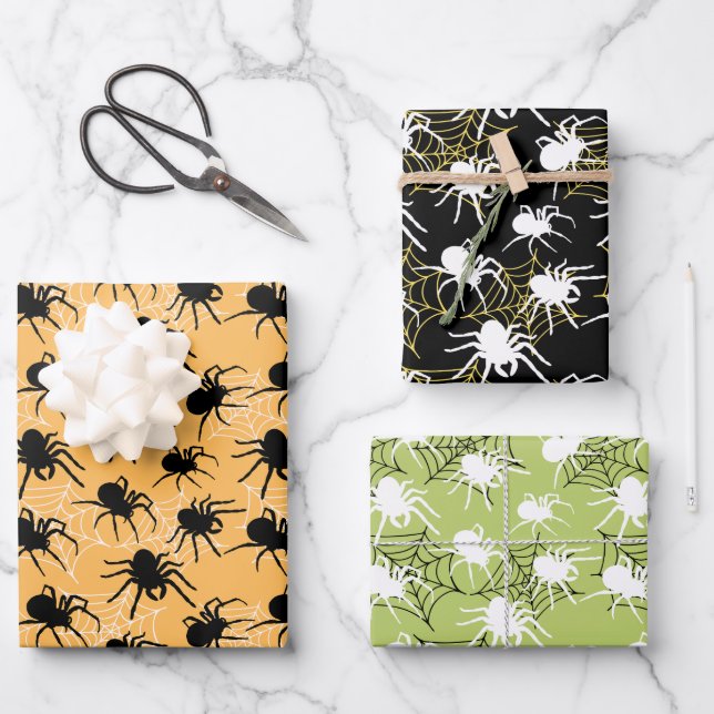 Halloween Black White Spider & Spider Web Pattern Wrapping Paper Sheet (Front)