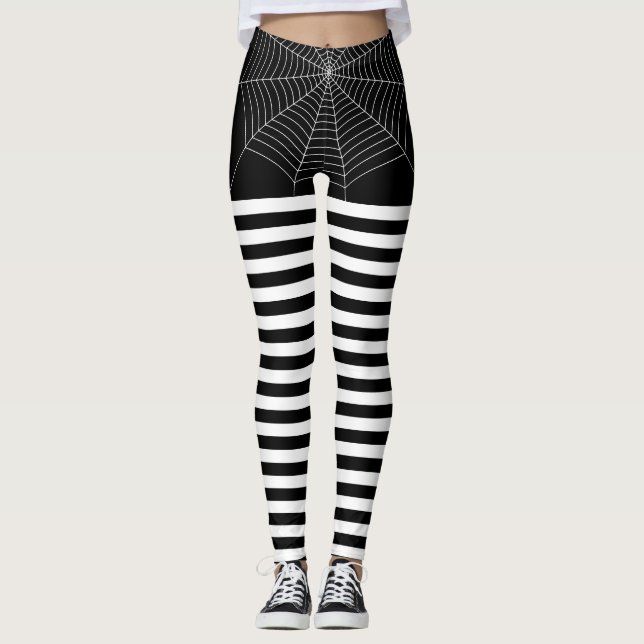 Halloween Black White spider web stripes pattern Leggings (Front)