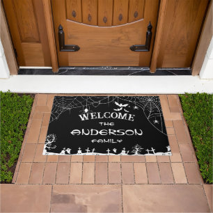 Halloween Black & White Web Spider Web Ghost Name  Doormat