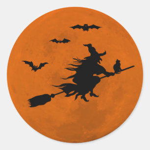 Halloween Black Wicked Witch Flying Orange Moon Classic Round Sticker