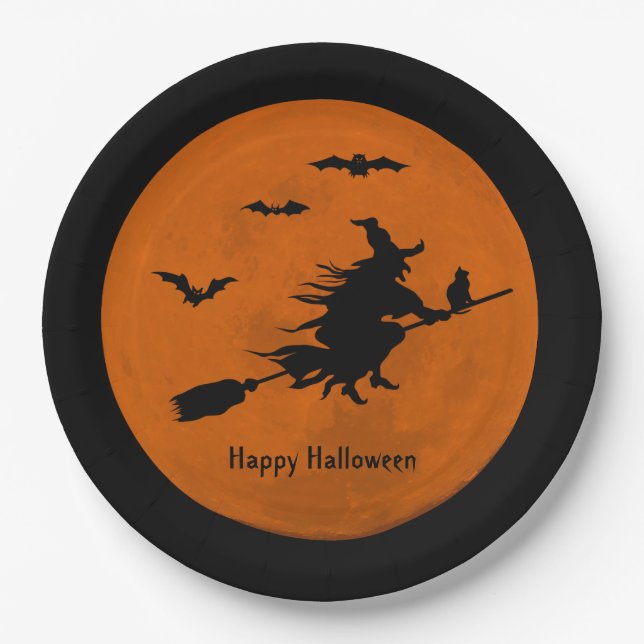 Halloween Black Wicked Witch Flying Orange Moon Paper Plate (Front)