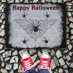 Halloween Black Widow Spiders in Web Rustic White Doormat
