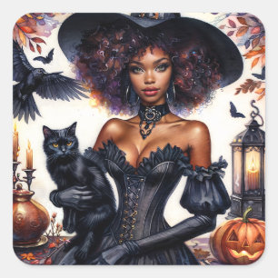 Halloween Black Witch With Cat Autumn Square Sticker