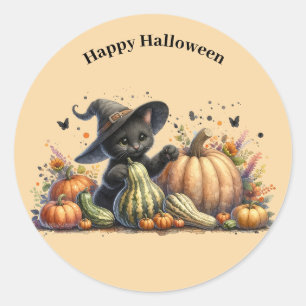 Halloween Black Witch's Kitten W/ Pumpkins Gourds Classic Round Sticker
