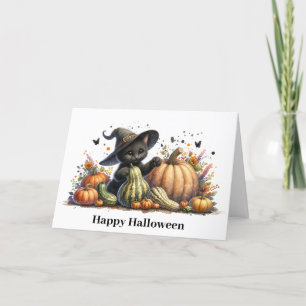 Halloween Black Witch's Kitten W/ Pumpkins Gourds Holiday Card