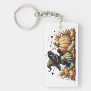 Halloween Black Witch's Kitten W/ Pumpkins Gourds Key Ring