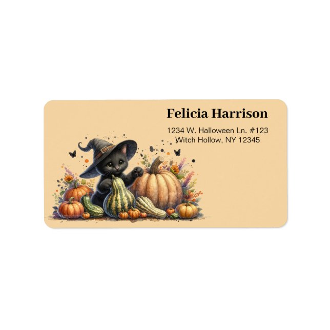 Halloween Black Witch's Kitten W/ Pumpkins Gourds Label (Front)