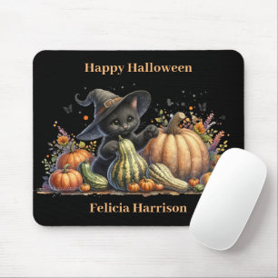 Halloween Black Witch's Kitten W/ Pumpkins Gourds Mouse Mat