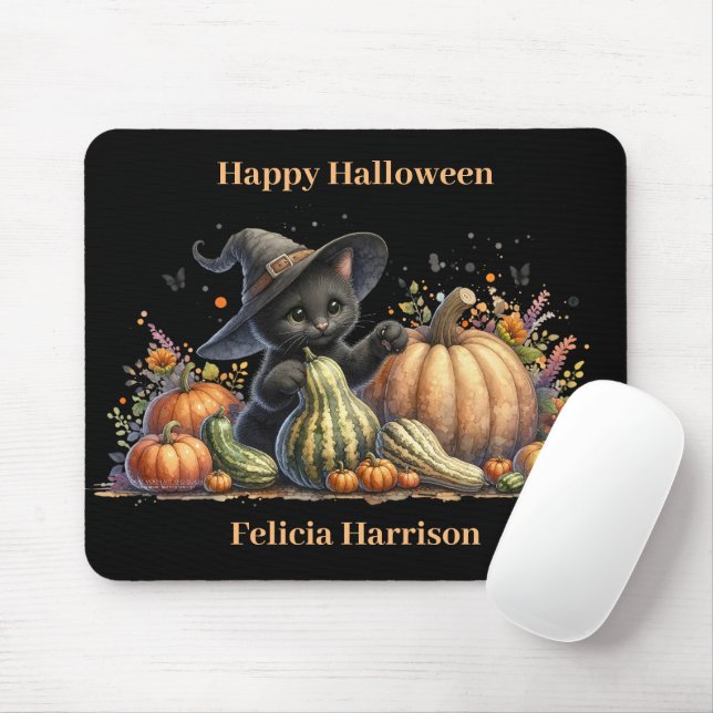 Halloween Black Witch's Kitten W/ Pumpkins Gourds Mouse Mat (With Mouse)