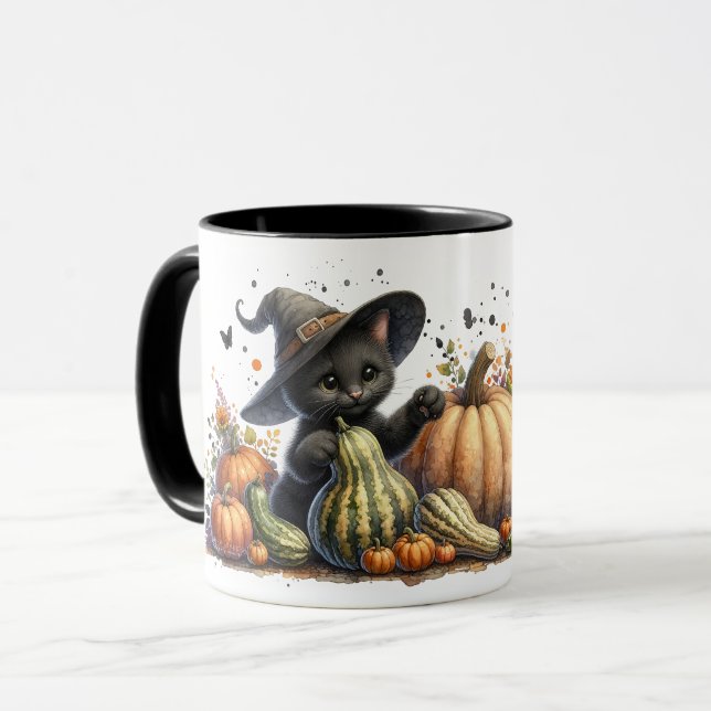 Halloween Black Witch's Kitten W/ Pumpkins Gourds Mug (Front Left)