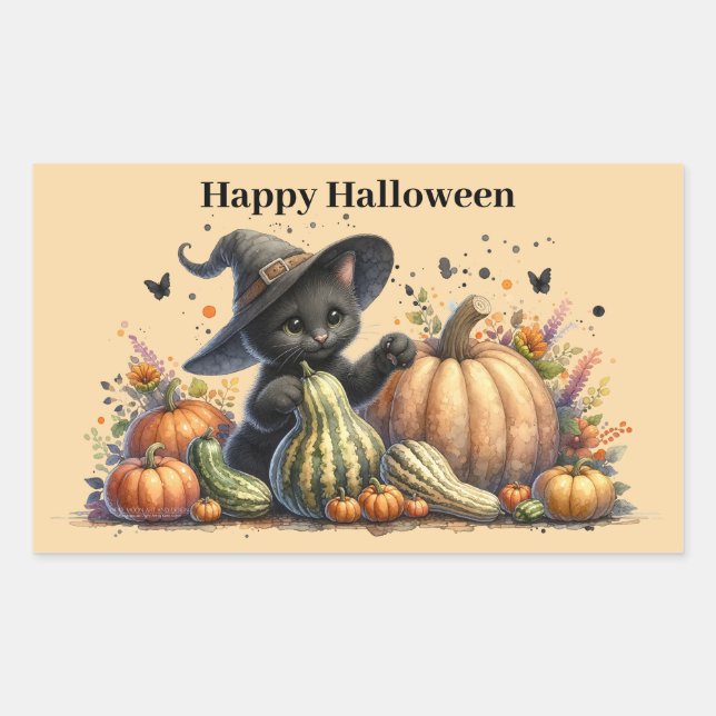 Halloween Black Witch's Kitten W/ Pumpkins Gourds Rectangular Sticker (Front)