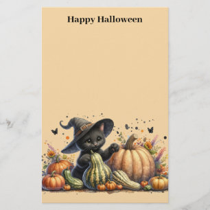 Halloween Black Witch's Kitten W/ Pumpkins Gourds Stationery