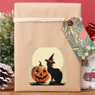 Halloween Black Witchy Cat and Pumpkin Sticker