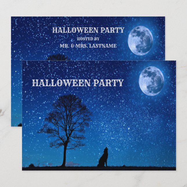 Halloween Black Wolf Tree Navy Blue Full Moon Invitation (Front/Back)