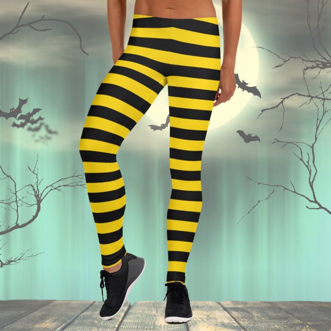 Halloween Black & Yellow Costume Leggings (Black and Yellow Striped leggings for Womens Halloween Costume, Bee Costume)