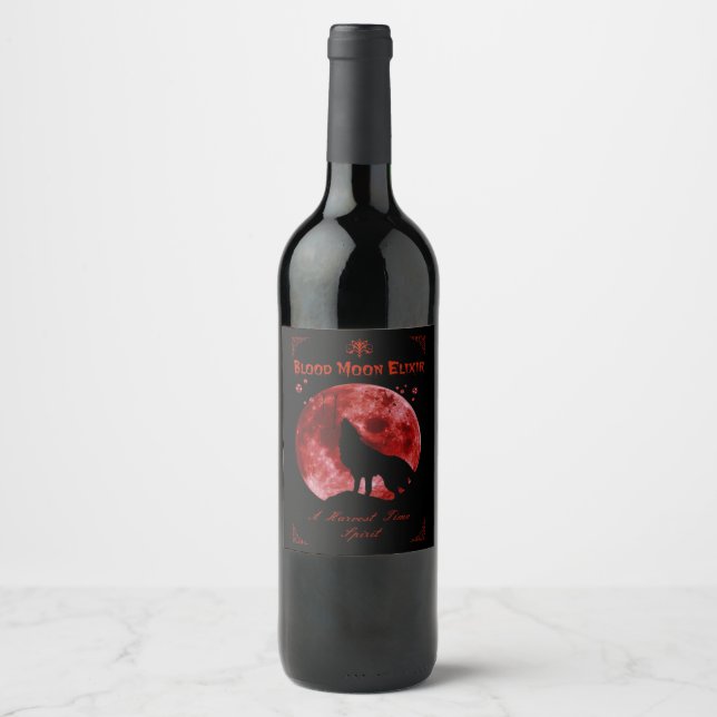Halloween Blood Moon Wolf Wine Label (Front)