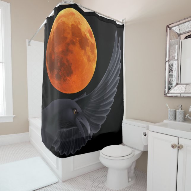 Halloween Blood Red Moon Raven  Shower Curtain (In Situ)